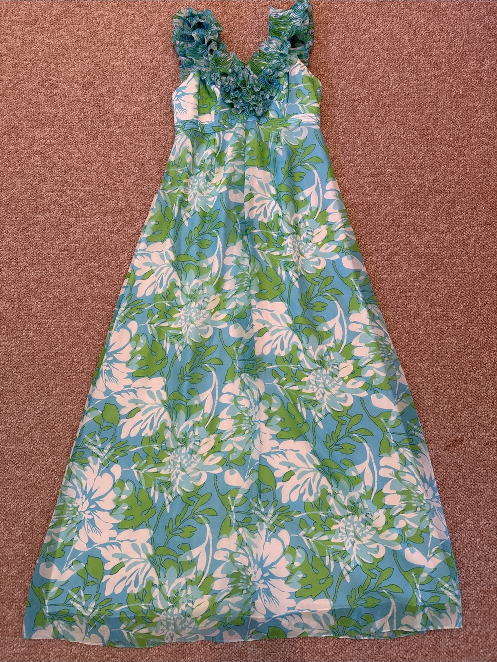 Lilly Pulitzer Blue, Green, and White Floral Ruffle Maxi Dress size 4